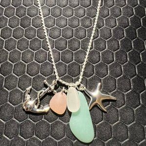 Star Fish, Anchor, and Sea Glass Necklace Green Pink and Clear Made of Sterling